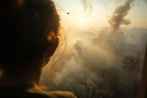 A person gazes out at a smoky city skyline during sunset, witnessing distressing events unfold in the distance photo