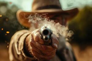 A cowboy aiming a revolver while smoke billows from the barrel during a dramatic showdown at sunset in the wild west photo