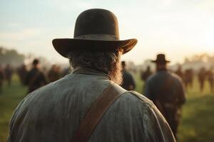 An individual wearing period attire stands with their back to the viewer, observing a gathering of soldiers in a grassy field at dawn as light begins to break. photo