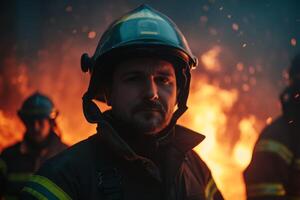 Firefighters engage in a challenging rescue operation amidst a blazing inferno at dusk, showcasing courage and bravery in dangerous conditions photo