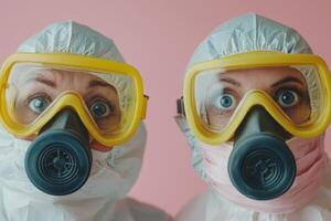 Two individuals in protective gear pose with surprised expressions against a pink background, showcasing safety measures for hazardous environments photo