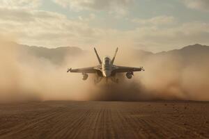 Fighter jet takes off from a desert runway, kicking up dust against a mountainous backdrop under a cloudy sky photo