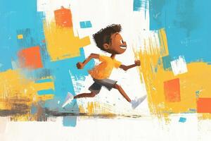 A joyful boy runs energetically through vibrant colors in a playful artistic illustration, capturing the spirit of childhood photo