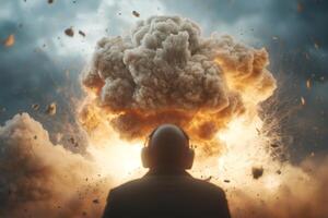 A person stands in awe as a massive explosion erupts behind them, showcasing a dramatic display of fire and smoke at twilight photo