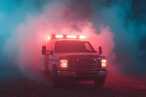 Emergency response vehicle navigating through thick fog during night operations with flashing lights illuminating the surroundings photo