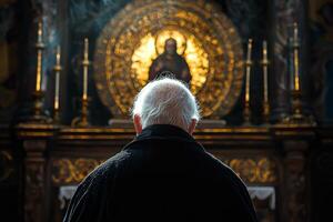 Elderly man praying in a grand church with an ornate altar and soft light highlighting the serene atmosphere photo