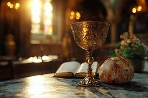Golden chalice with ornate design and bread on a table inside a sunlit church during a serene afternoon photo