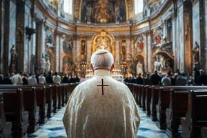 un sacerdote en un blanco túnica en pie en un Iglesia foto