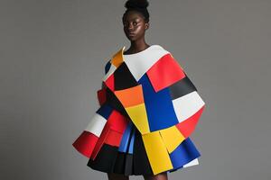 A model showcases a vibrant, geometric fashion design featuring bold colors at an indoor fashion event photo