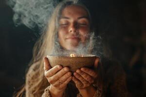 A woman offers a bowl of fragrant herbs while meditating in a serene, dimly lit space during a peaceful afternoon moment photo