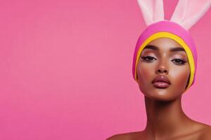 A young woman poses with bunny ears against a vibrant pink backdrop, showcasing her playful style and striking features in warm light photo