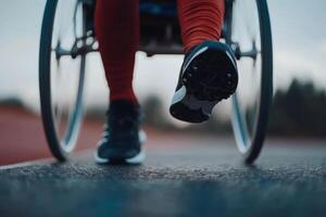 A person in a wheelchair moving forward on an outdoor track during early morning hours photo