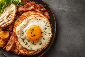 Delicious breakfast plate featuring fried egg, bacon, vegetables, and toast served on a dark plate photo