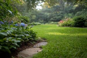 Lush garden pathway with blooming blue flowers leading through vibrant greenery on a sunny day photo