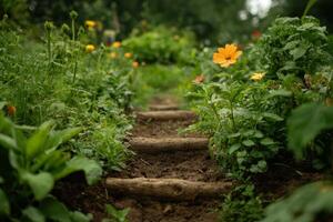 A serene garden path lined with vibrant flowers leading through lush greenery on a sunny day photo