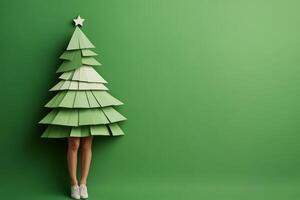 A creative representation of a Christmas tree using paper cutouts against a vibrant green background photo