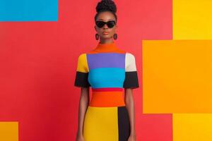 A model showcases vibrant fashion in a color-blocked dress against a bold, geometric background in a modern studio setting photo