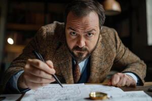 A man in a tweed jacket meticulously sketches architectural plans in a cozy study filled with books and natural light during the afternoon photo