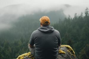 A man sits peacefully on a rock amidst misty mountains and dense forests during an overcast day in nature photo