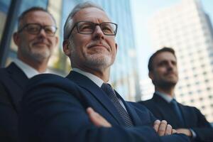 In a bustling urban environment, three business professionals stand confidently outside a tall skyscraper, exuding leadership and collaboration under clear blue skies. photo