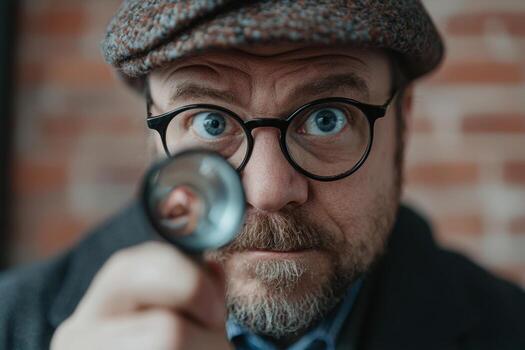 A curious man detective examines an object closely with a magnifying glass, showing his inquisitive nature in a cozy indoor setting photo