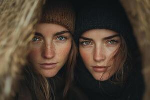 Two women with striking blue and green eyes share a close moment in a cozy natural setting during a chilly winter day photo