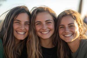 Three friends smile together at sunset, enjoying life and capturing memories at the beach during a warm evening photo