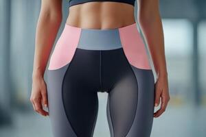 Trendy fitness outfit featuring color-blocked leggings and a crop top in a modern gym setting during a workout session photo