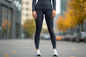 Woman in activewear enjoys a leisurely walk on a city street lined with autumn leaves under overcast skies photo