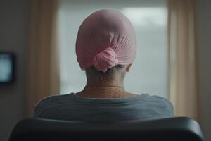 Woman with a pink headscarf sits in a chair, gazing out a window in a quiet room during the late afternoon photo