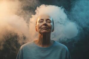 An elderly woman meditating peacefully amid dramatic smoke effects in a serene indoor setting during a quiet moment of reflection photo