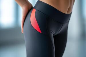 Athletic individual posing in stylish workout leggings showcasing vibrant side detail in a well-lit indoor space during daylight photo