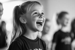 A joyful girl participates in a group activity, smiling brightly during a fun event in a classroom setting photo