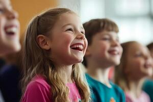 Happy children enjoying a performance indoors in a brightly lit space, smiling and engaged during a fun activity photo
