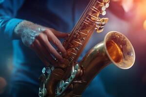 A saxophonist performs with enthusiasm under colorful stage lights, producing soulful melodies , creating an unforgettable atmosphere. photo