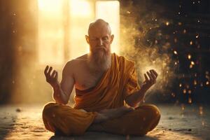 A monk meditating peacefully in a sunlit room filled with golden dust photo