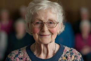 Cheerful older woman smiling warmly at the camera in a cozy indoor setting with friends behind her, captured during a gathering photo