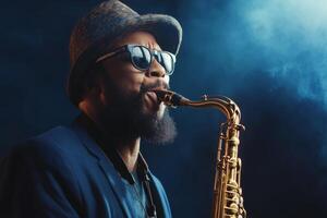 A talented saxophonist captivates listeners with soulful melodies during an evening performance in a lively jazz club photo