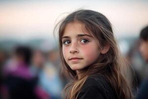 A thoughtful girl with long hair gazes into the distance during a community gathering at sunset in an outdoor setting photo