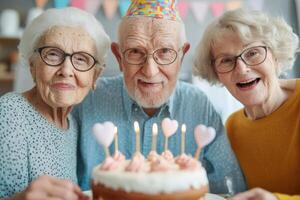 Celebrating a joyful birthday with elderly friends at a cozy gathering featuring a delicious cake adorned with candles and festive decorations photo