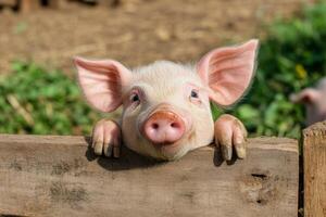 A curious piglet peeks over a wooden fence in a sunny farmyard, surrounded by green grass and playful siblings photo