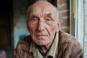 Elderly man with a thoughtful expression sits near a window in a rustic setting, capturing the essence of life and wisdom photo