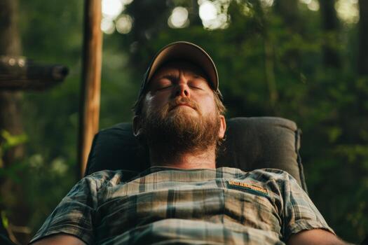 A man relaxes in a forest while enjoying the peaceful sounds of nature during the golden hour in early evening photo