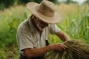 An elderly farmer harvests crops in a lush field during the late afternoon in a rural countryside setting photo