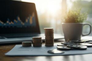 Stacks of coins on a desk next to a laptop displaying financial charts and a small plant in the afternoon light photo