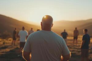 A group of people gathers at sunset for meditation in a serene outdoor setting among rolling hills photo
