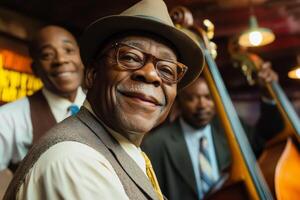 Musicians enjoying a lively moment at a jazz club during a vibrant evening performance photo