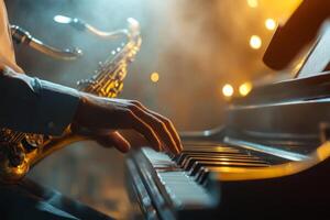 A musician playing the piano with a saxophonist in the background during a lively jazz performance at a dimly lit venue photo
