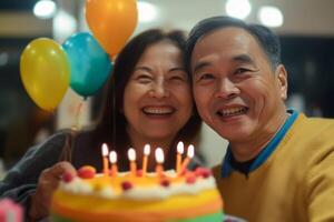 Joyful couple celebrating a birthday with a colorful cake and balloons in a cozy indoor setting during an evening gathering photo