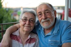 Elderly couple enjoying a warm evening together on their balcony, sharing smiles and fond moments in their cozy neighborhood photo